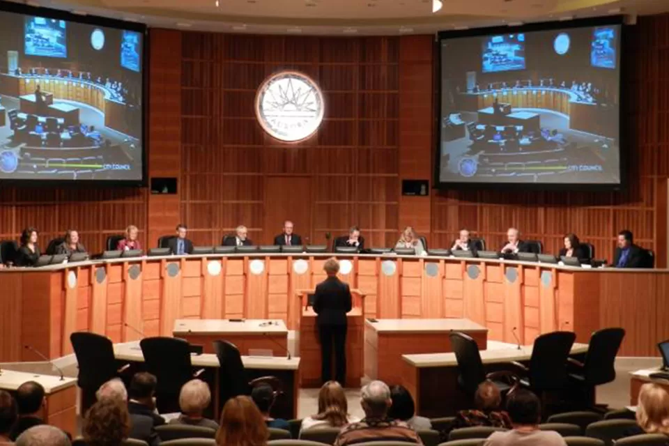 A city council meeting.